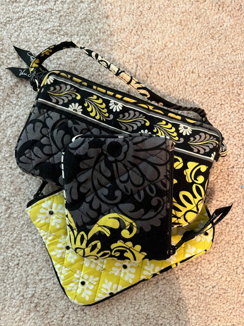 Vera Bradley Black & Yellow Quilted Wristlet and Wallet Trio